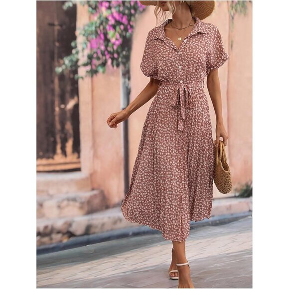 Women's Floral Print Long Dress Polyester Summer Casual A-line Short Sleeve - Picture 4 of 6